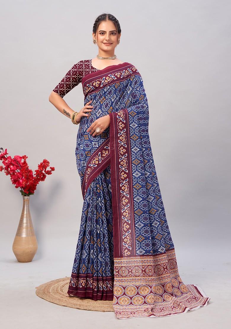 Blue Ajrakh Print Soft Cotton Saree Set