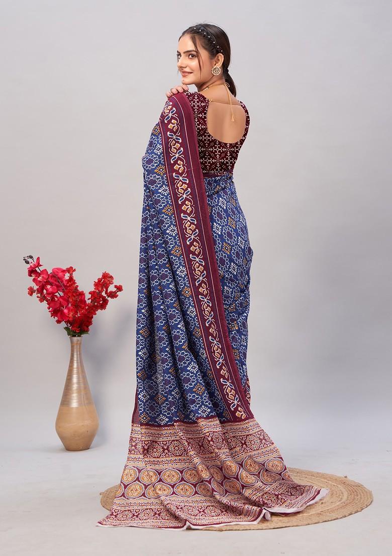 Blue Ajrakh Print Soft Cotton Saree Set