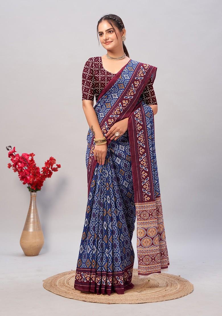 Blue Ajrakh Print Soft Cotton Saree Set - Indya