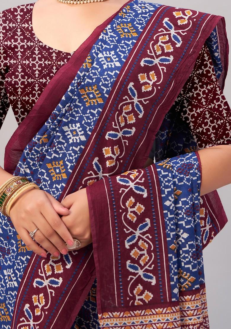 Blue Ajrakh Print Soft Cotton Saree Set