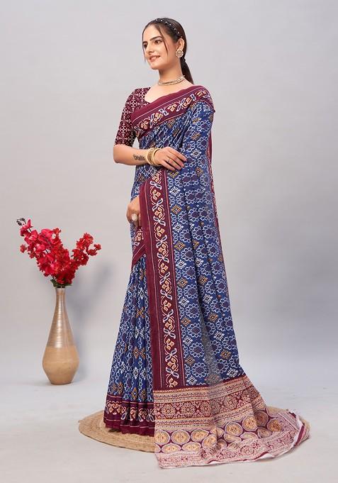 Blue Ajrakh Print Soft Cotton Saree Set