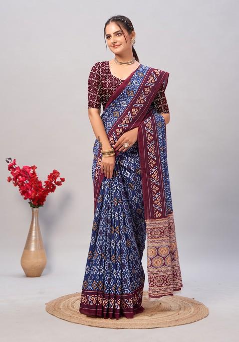 Blue Ajrakh Print Soft Cotton Saree Set
