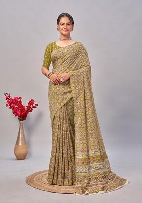 Olive Ajrakh Print Soft Cotton Saree Set