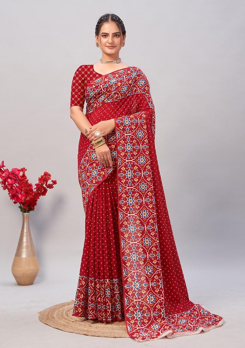 Red Ajrakh Print Soft Cotton Saree Set