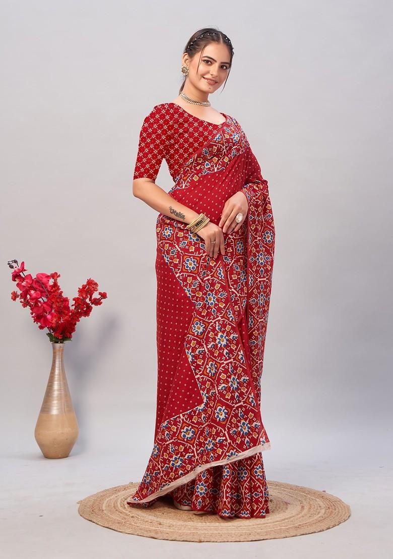 Red Ajrakh Print Soft Cotton Saree Set