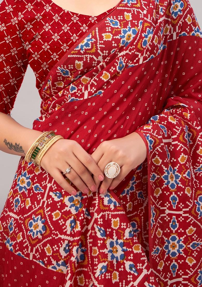 Red Ajrakh Print Soft Cotton Saree Set