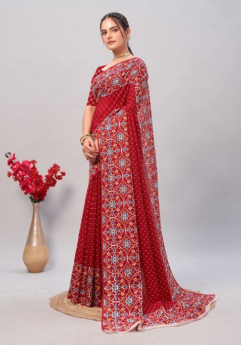 Red Ajrakh Print Soft Cotton Saree Set