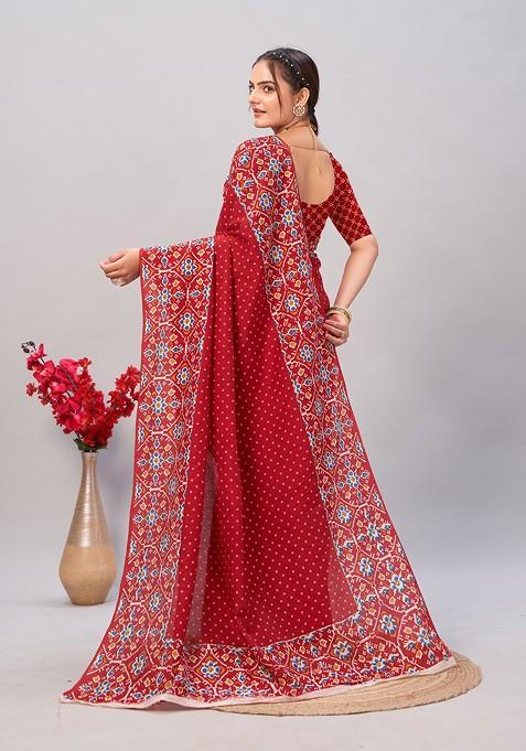 Red Ajrakh Print Soft Cotton Saree Set