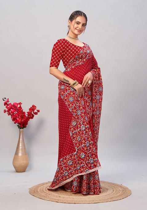 Red Ajrakh Print Soft Cotton Saree Set