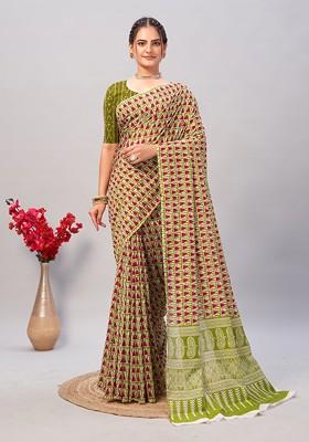 Green Ajrakh Print Soft Cotton Saree Set