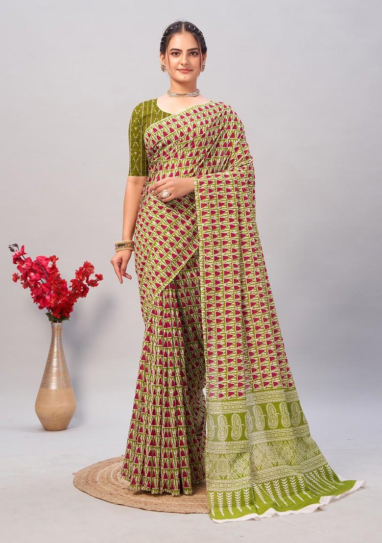 Green Ajrakh Print Soft Cotton Saree Set