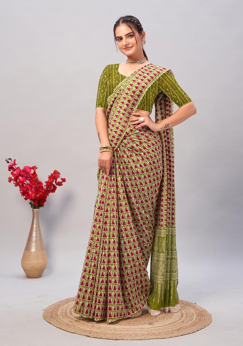 Green Ajrakh Print Soft Cotton Saree Set