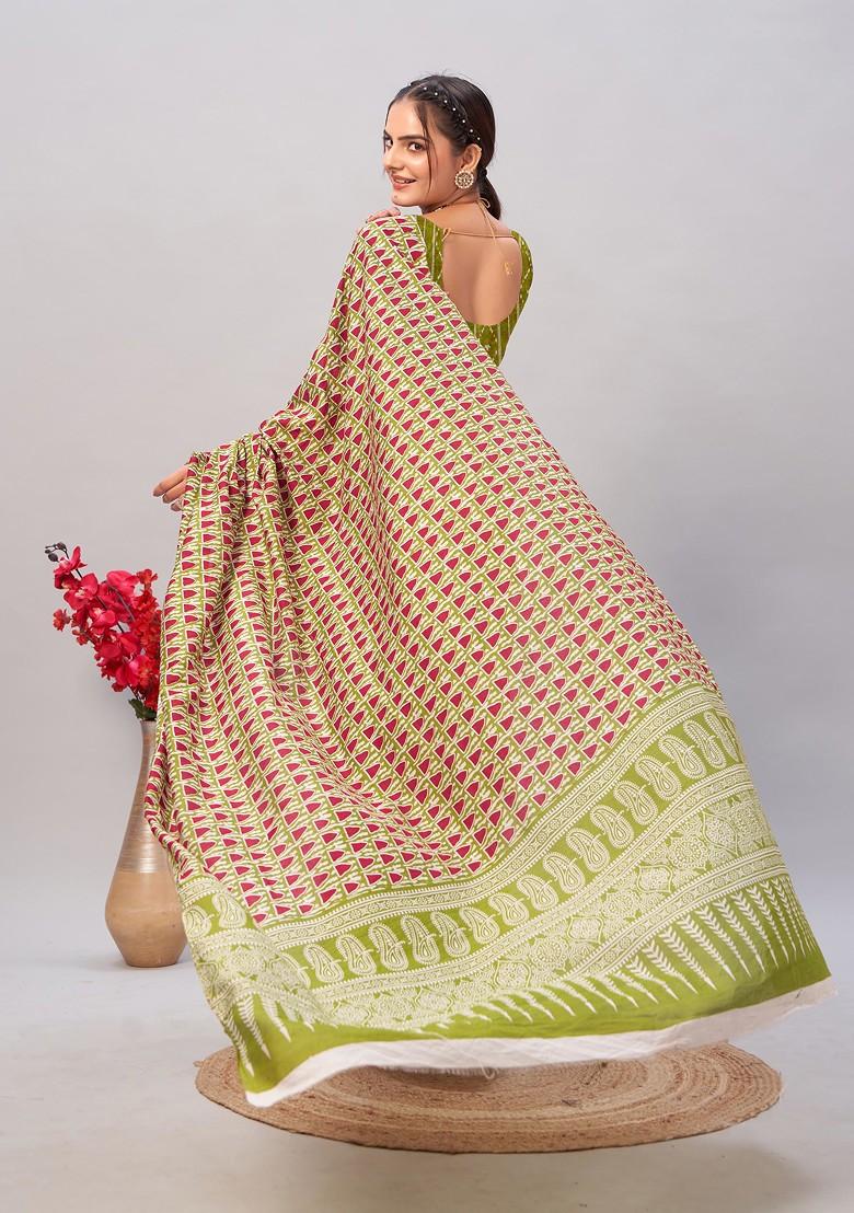 Green Ajrakh Print Soft Cotton Saree Set