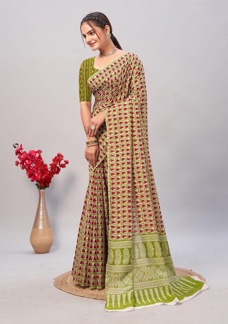 Green Ajrakh Print Soft Cotton Saree Set