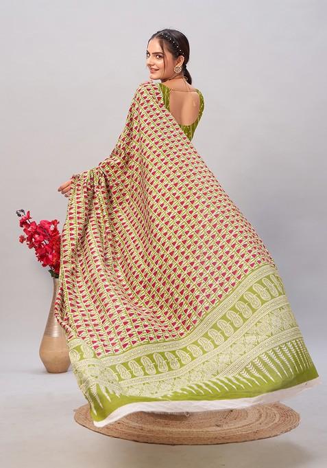 Green Ajrakh Print Soft Cotton Saree Set