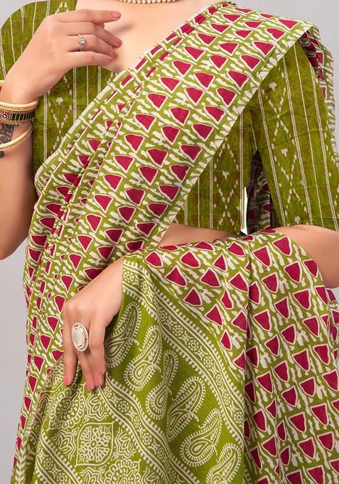 Green Ajrakh Print Soft Cotton Saree Set