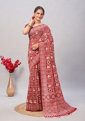 Maroon Ajrakh Print Soft Cotton Saree Set