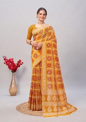 Mustard Ajrakh Print Soft Cotton Saree Set