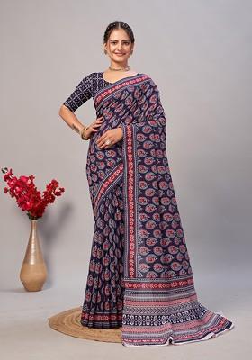 Navy Blue Ajrakh Print Soft Cotton Saree Set