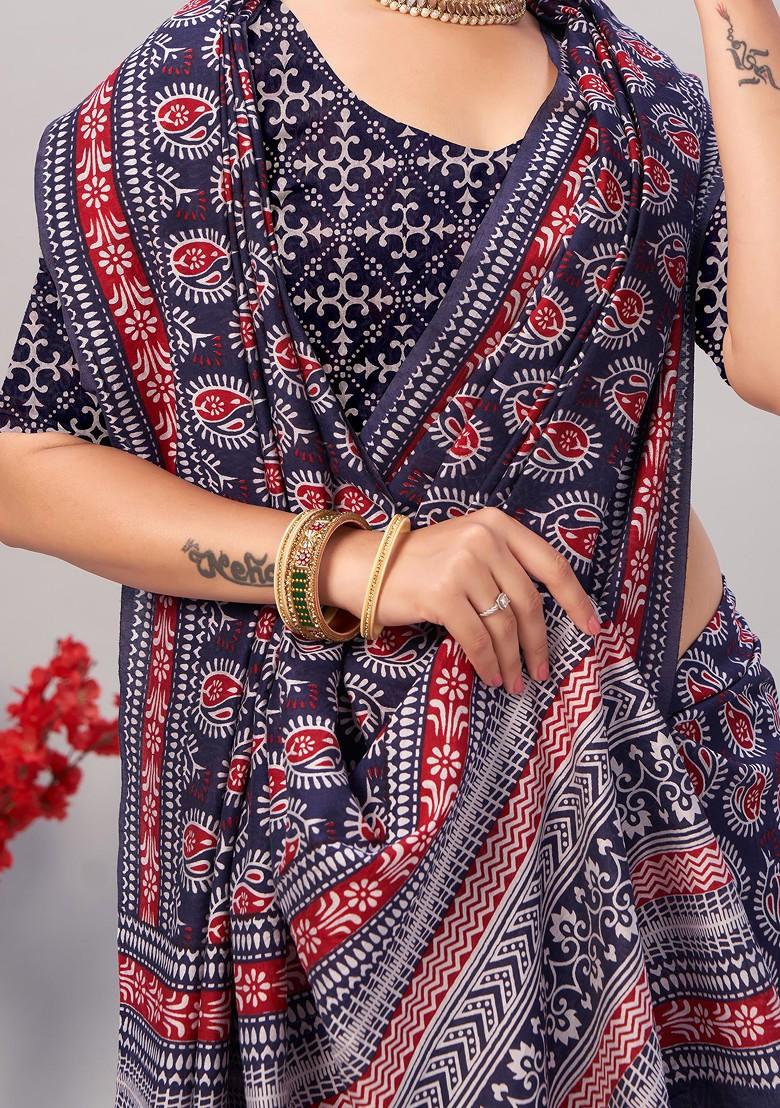 Navy Blue Ajrakh Print Soft Cotton Saree Set