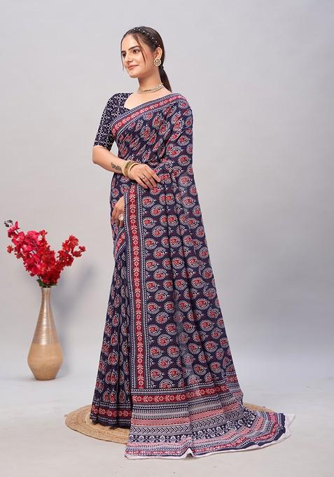 Navy Blue Ajrakh Print Soft Cotton Saree Set