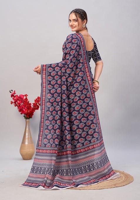 Navy Blue Ajrakh Print Soft Cotton Saree Set
