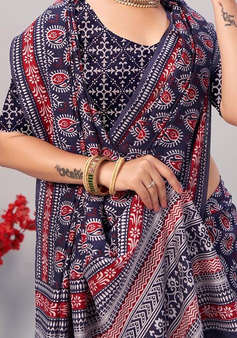 Navy Blue Ajrakh Print Soft Cotton Saree Set