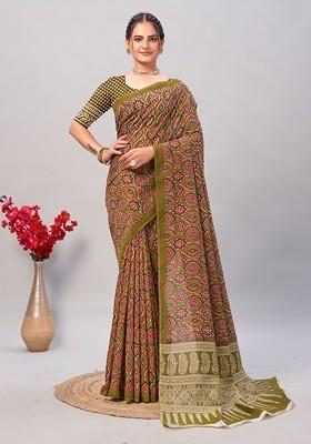 Multicolour Ajrakh Print Soft Cotton Saree Set