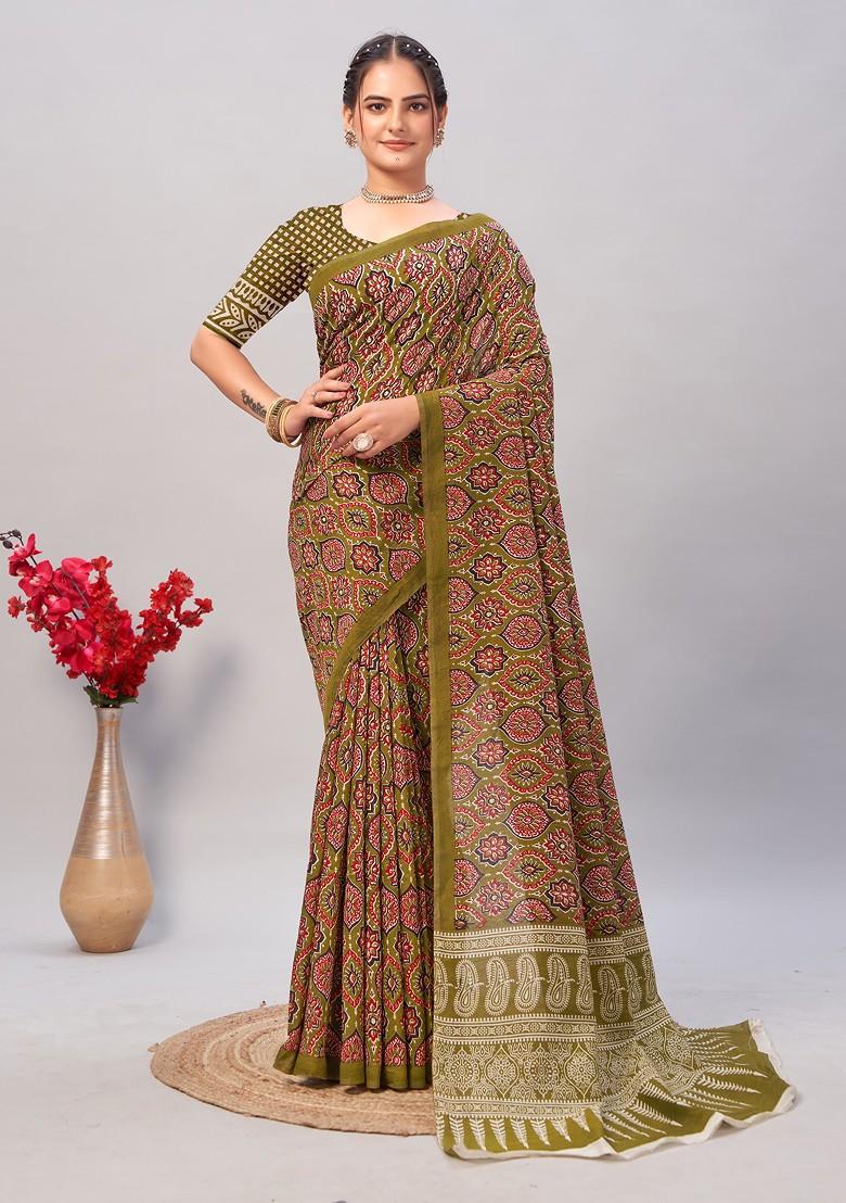 Multicolour Ajrakh Print Soft Cotton Saree Set
