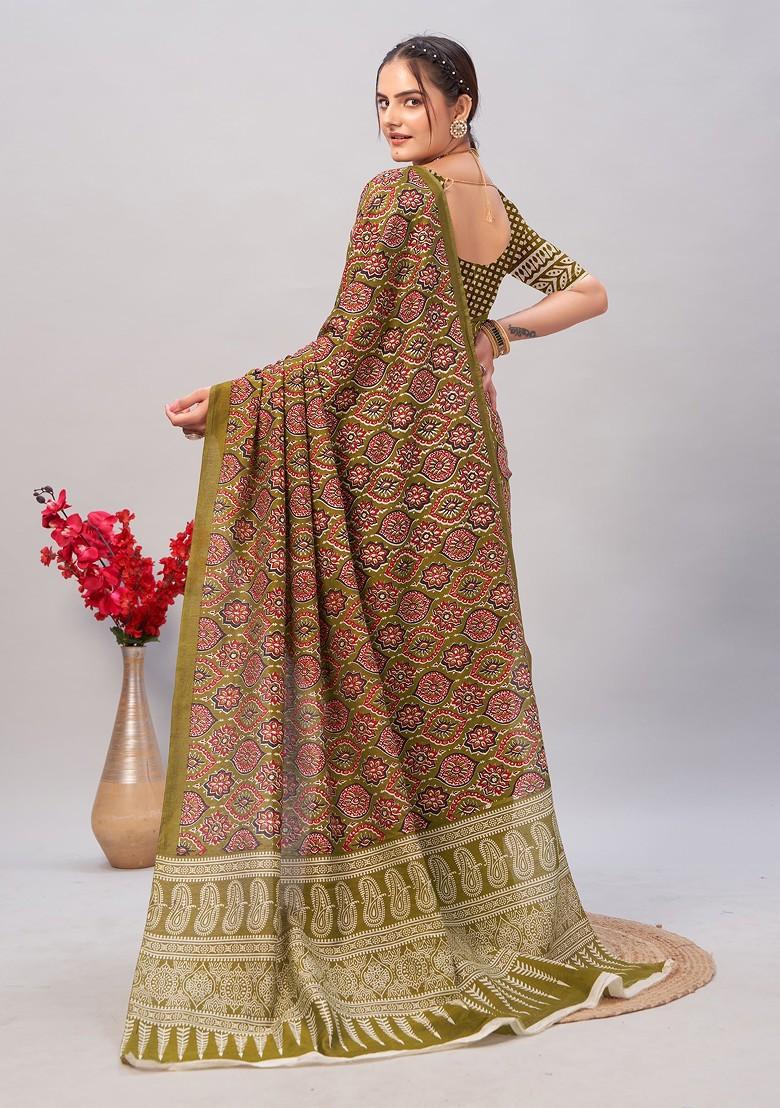 Multicolour Ajrakh Print Soft Cotton Saree Set