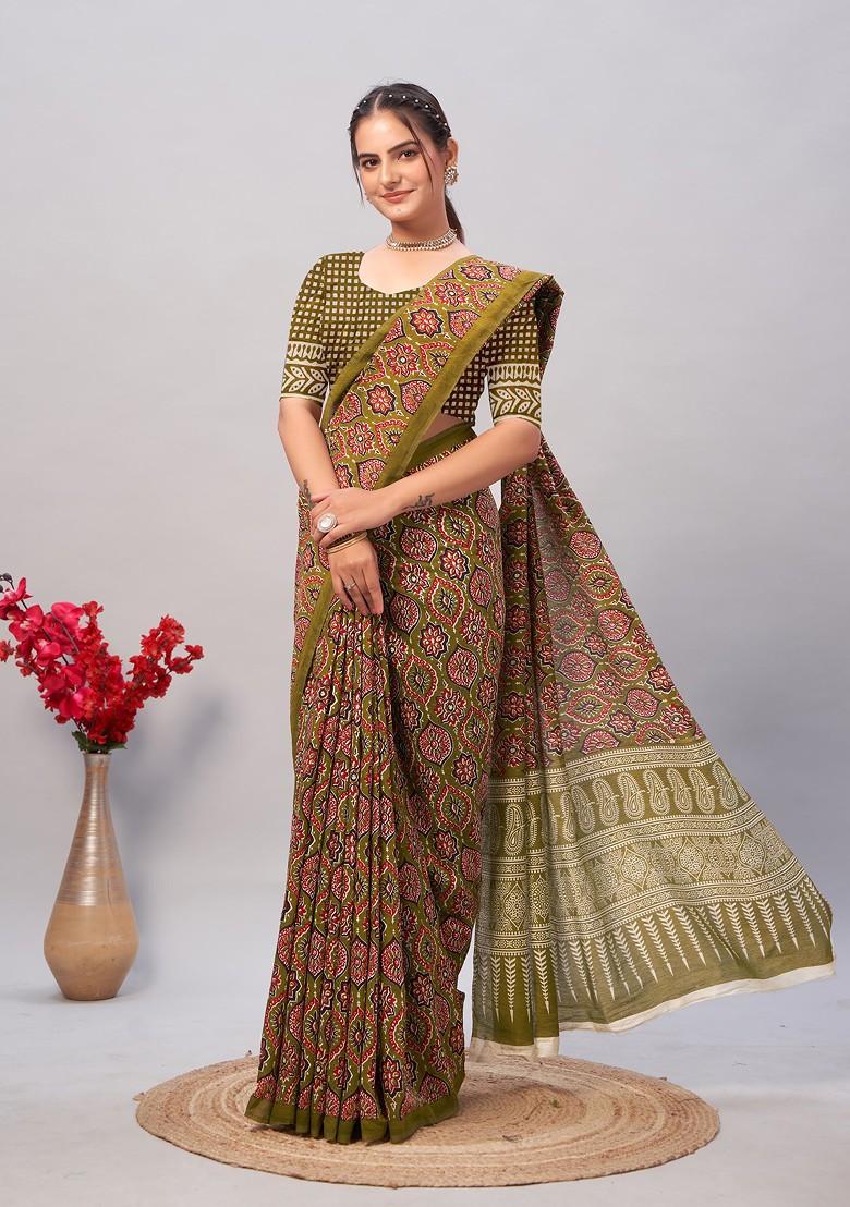 Multicolour Ajrakh Print Soft Cotton Saree Set