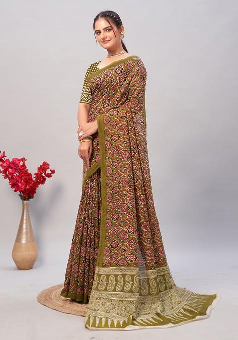 Multicolour Ajrakh Print Soft Cotton Saree Set