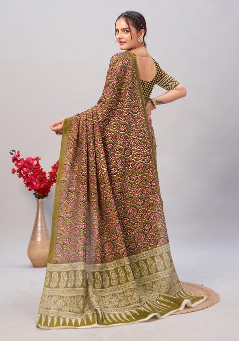 Multicolour Ajrakh Print Soft Cotton Saree Set