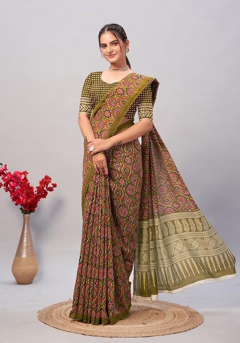 Multicolour Ajrakh Print Soft Cotton Saree Set