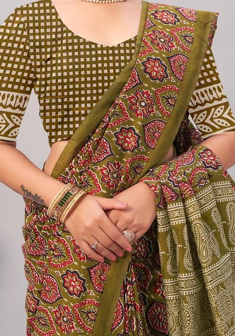 Multicolour Ajrakh Print Soft Cotton Saree Set