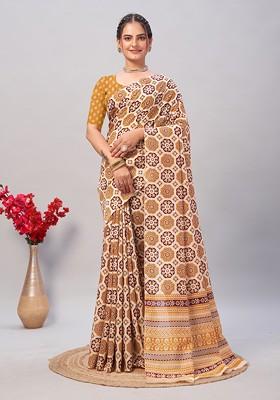 Beige Ajrakh Print Soft Cotton Saree Set