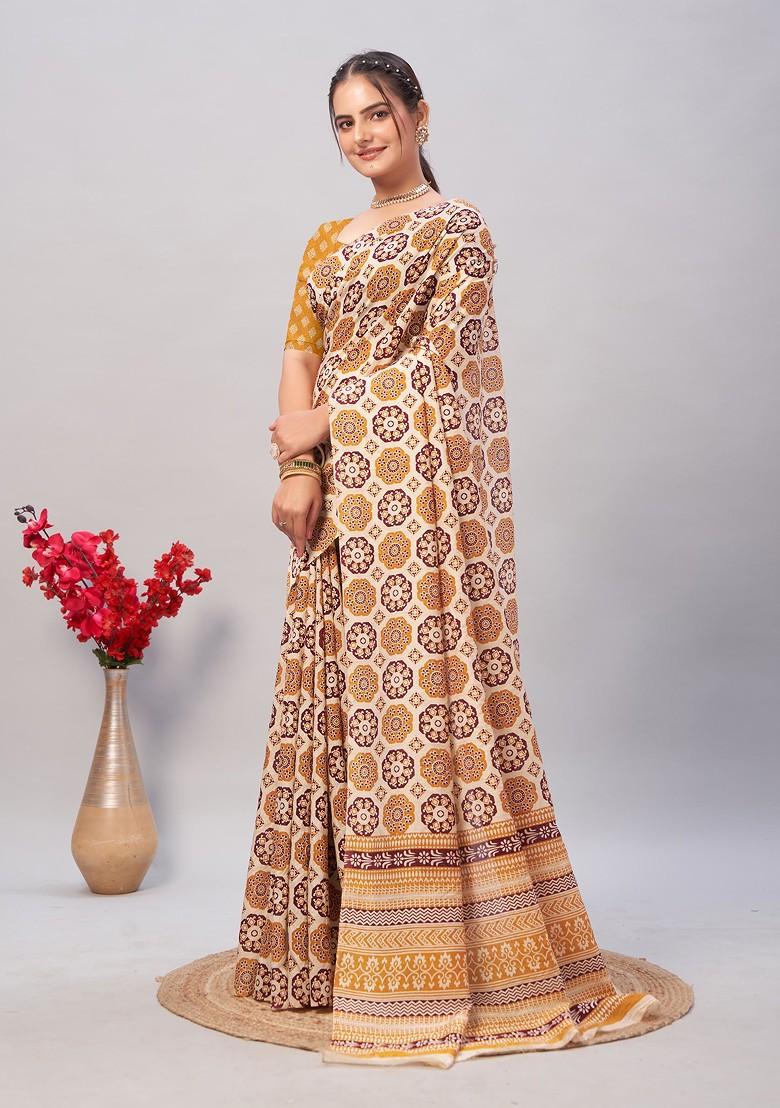 Beige Ajrakh Print Soft Cotton Saree Set