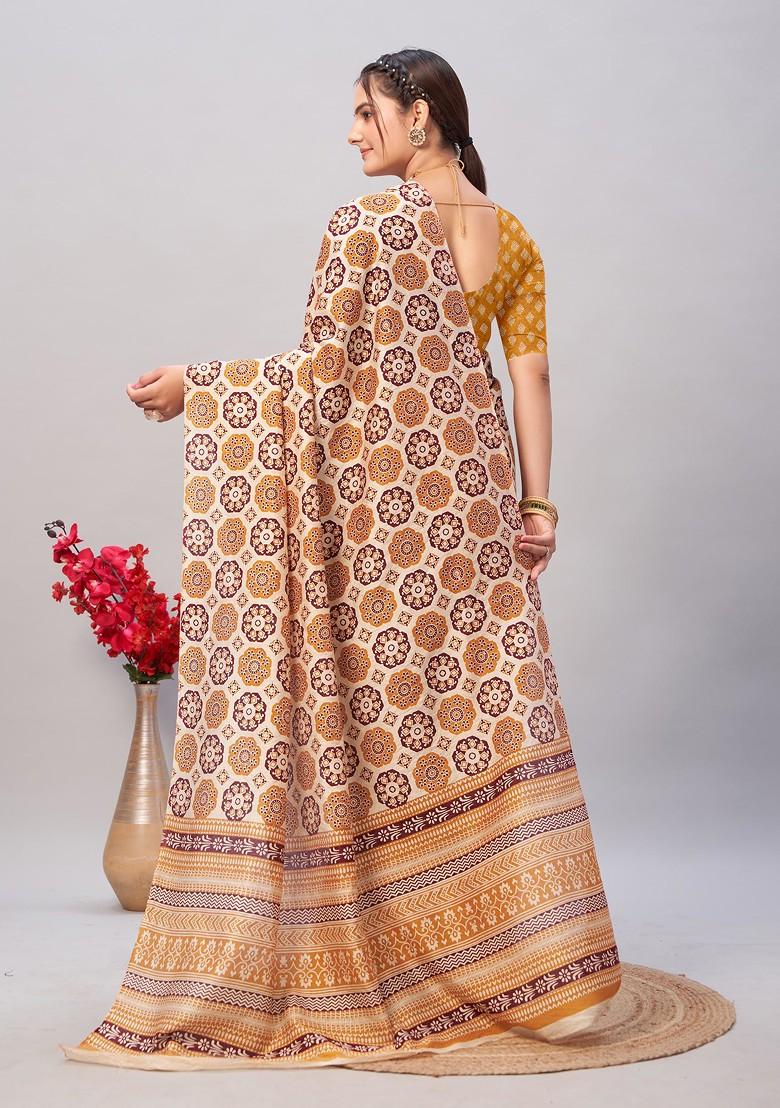 Beige Ajrakh Print Soft Cotton Saree Set