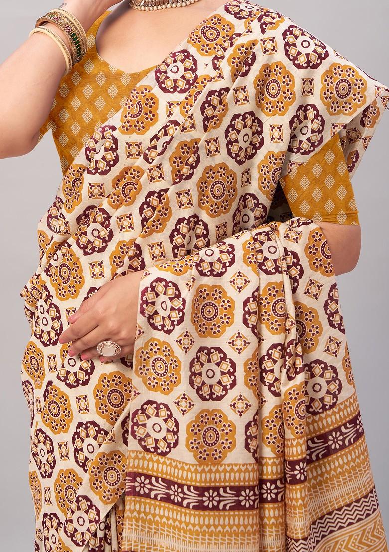 Beige Ajrakh Print Soft Cotton Saree Set