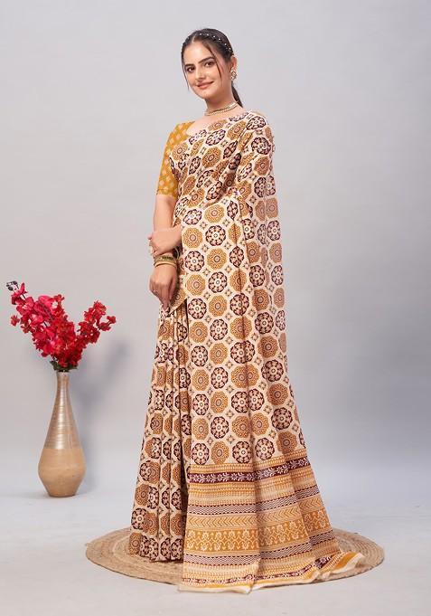 Beige Ajrakh Print Soft Cotton Saree Set