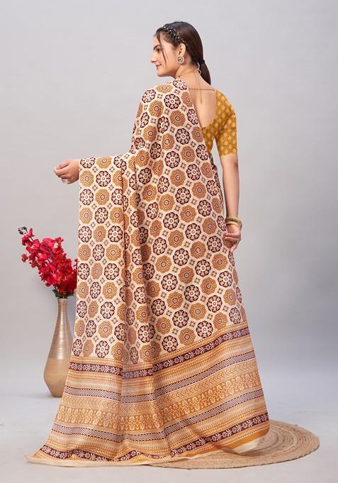 Beige Ajrakh Print Soft Cotton Saree Set