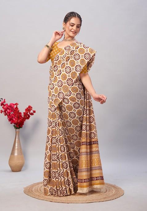 Beige Ajrakh Print Soft Cotton Saree Set