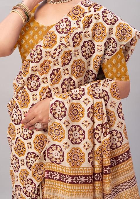 Beige Ajrakh Print Soft Cotton Saree Set