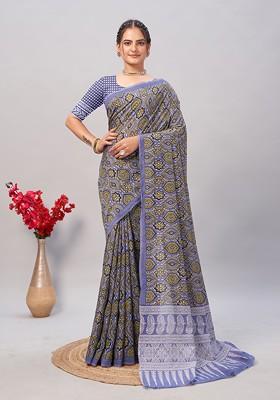 Multicolour Ajrakh Print Soft Cotton Saree Set