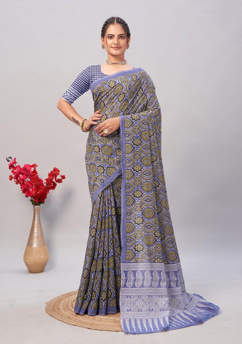 Multicolour Ajrakh Print Soft Cotton Saree Set