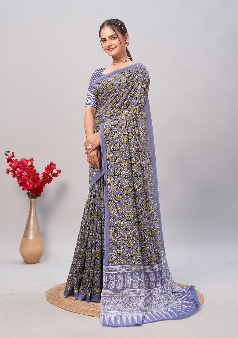 Multicolour Ajrakh Print Soft Cotton Saree Set