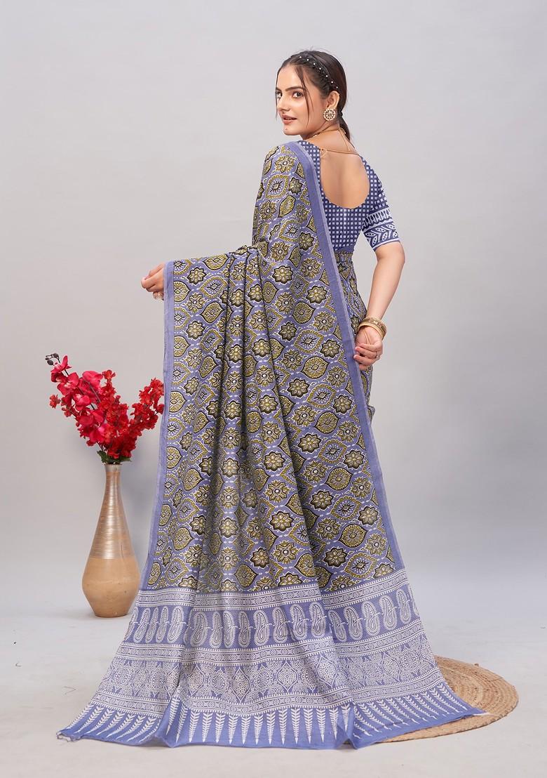Multicolour Ajrakh Print Soft Cotton Saree Set