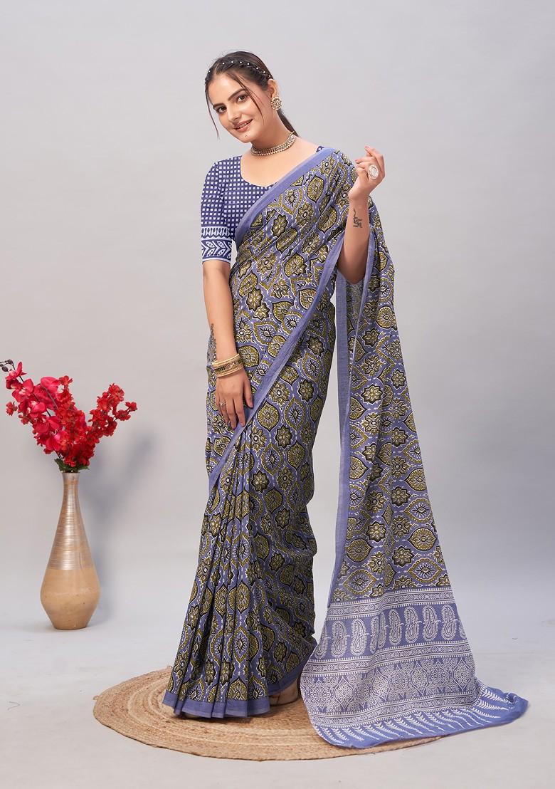 Multicolour Ajrakh Print Soft Cotton Saree Set