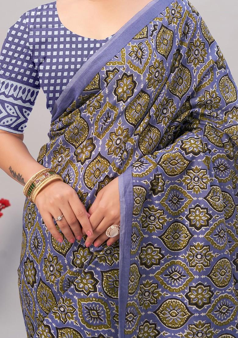 Multicolour Ajrakh Print Soft Cotton Saree Set