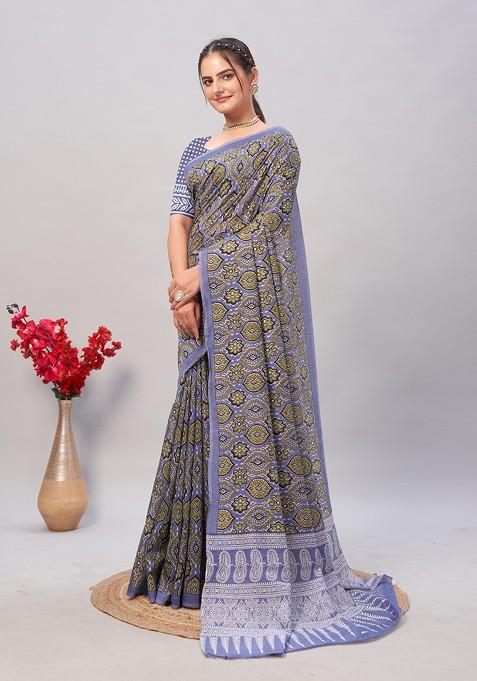 Multicolour Ajrakh Print Soft Cotton Saree Set